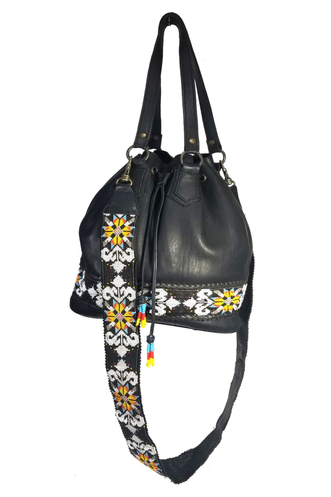 (image for) Peoria Sand Beaded Draw String Black Leather Cluitch Bag